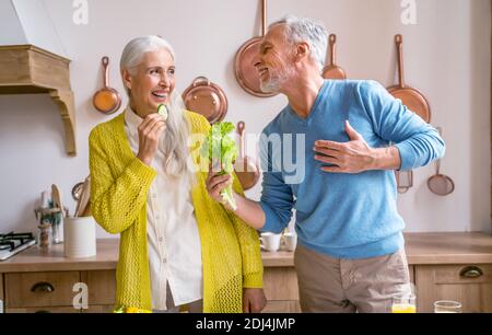 Schöne ältere Paar von Liebenden - ältere Menschen Porträt, während Spaß zu Hause - Konzepte über Beziehung, ältere Menschen und Lebensstil Stockfoto