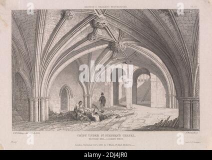 Tafel III: Krypta unter der St. Stephen's Chapel, Druck von Thomas A. Woolnoth, 1785–1857, britisch, nach Robert William Billings, 1813–1874, britisch, ca. 1836, Gravierproof auf glattem, mäßig dickem, weißem Gewebspapier, Blatt: 5 1/4 × 7 3/8 Zoll (13.3 × 18.7 cm) und Bild: 4 1/4 × 6 1/2 Zoll (10.8 × 16.5 cm), architektonisches Motiv, Kirche, Innenansicht, City of Westminster, England, House of Commons, London, Palace of Westminster, St. Stephen's Chapel, Palace of Westminster, Vereinigtes Königreich Stockfoto