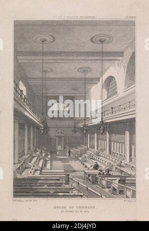 Tafel XXXIX: House of Commons wie 1835 eingerichtet, Druck von unbekanntem Künstler, (William Taylor), nach Robert William Billings, 1813–1874, britisch, ca. 1836, Strichgravur auf glattem, mäßig dickem, weißem Wove-Papier, Blatt: 7 1/2 × 5 1/4 Zoll (19.1 × 13.3 cm) und Platte: 6 1/8 × 4 3/16 Zoll (15.6 × 10.6 cm), architektonisches Motiv, Innenansicht, City of Westminster, England, House of Commons, London, Palace of Westminster, St. Stephen's Chapel, Palace of Westminster, Vereinigtes Königreich Stockfoto