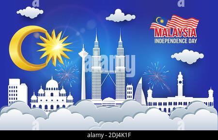Vektor-Illustration von malaysia Independence Day Feier mit Stadt Skyline, malaysia Flagge in Papierschnitt-Stil Stock Vektor