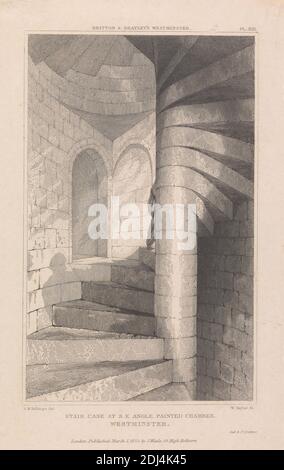 Staircase at Southeast Angle, Painted Chamber, Westminster, Print made by unknown artist, (William Taylor), after Robert William Billings, 1813–1874, British, 1835, Strichgravur auf leicht strukturiertem, mäßig dickem, wtie wove Papier, Blatt: 8 × 5 1/8 inches (20.3 × 13 cm) und Bild: 6 1/2 × 4 1/8 Zoll (16.5 × 10.5 cm), Architekturmotiv, City of Westminster, England, London, Palace of Westminster, Großbritannien Stockfoto