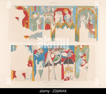 Band 6, Platte XXXII: The Story of Hezekiah., Druck von James Basire, 1769–1822, britisch, nach Charles Alfred Stothard, 1786–1821, britisch, 1842, handkolorierter Stich auf glattem, mäßig dickem, weißem Gewebspapier, Blatt: 15 1/8 × 55.6 cm (38.4 × 21 7/8 Zoll) und Platte: 14 3/8 × 19 Zoll (36.5 × 48.3 cm), architektonisches Thema, religiöses und mythologisches Thema, City of Westminster, England, London, Palace of Westminster, Großbritannien Stockfoto