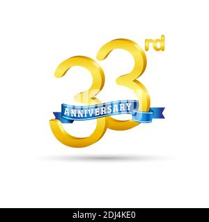 33. Goldenes Anniversary Logo mit blauem Band isoliert auf weißem Hintergrund. 3D-Gold-Anniversary-Logo Stock Vektor