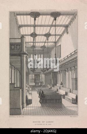 Tafel XXXVIII: House of Lords, wie 1835 eingerichtet, Druck von T. Clarke, 1799–1839, nach Robert William Billings, 1813–1874, British, 1836, Strichgravur auf glattem, mäßig dickem, weißem Wove-Papier, Blatt: 7 7/8 × 5 7/16 Zoll (20 × 13.8 cm) und Bild: 6 1/4 × 4 1/16 Zoll (15.9 × 10.3 cm), Architekturmotiv, City of Westminster, England, London, Palace of Westminster, Großbritannien Stockfoto