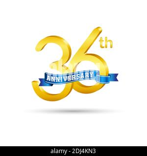 36. Goldenes Anniversary Logo mit blauem Band isoliert auf weißem Hintergrund. 3D-Gold-Anniversary-Logo Stock Vektor