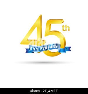 45. Goldenes Anniversary Logo mit blauem Band isoliert auf weißem Hintergrund. 3D-Gold-Anniversary-Logo Stock Vektor