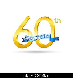 60. Goldenes Anniversary Logo mit blauem Band isoliert auf weißem Hintergrund. 3D-Gold-Anniversary-Logo Stock Vektor