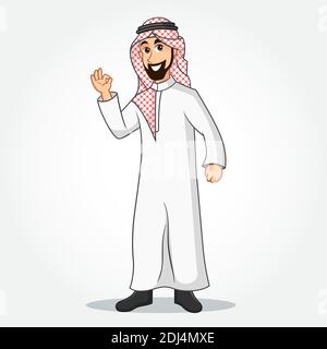 Arabisch Geschäftsmann Cartoon Charakter in traditioneller Kleidung zeigt OKAY oder OK Zeichen gestikulierenden Hand isoliert auf weißem Hintergrund Stock Vektor