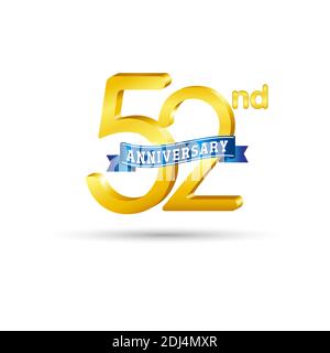 52. Goldenes Anniversary Logo mit blauem Band isoliert auf weißem Hintergrund. 3D-Gold-Anniversary-Logo Stock Vektor