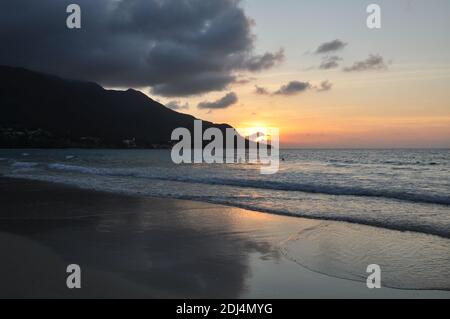 Sunset on the beach of beau vallon.Mahé is the largest island in the Seychelles archipelago, in the Indian Ocean off East Africa. Truly heaven on earth Stock Photo