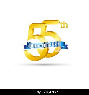 55. Goldenes Anniversary Logo mit blauem Band isoliert auf weißem Hintergrund. 3D-Gold-Anniversary-Logo Stock Vektor