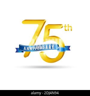 75. Goldenes Anniversary Logo mit blauem Band isoliert auf weißem Hintergrund. 3D-Gold-Anniversary-Logo Stock Vektor