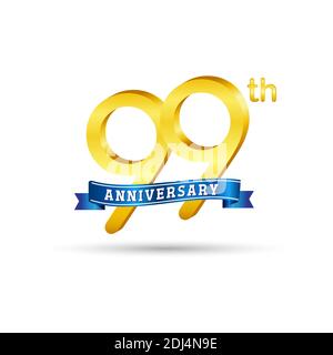 99. Goldenes Anniversary Logo mit blauem Band isoliert auf weißem Hintergrund. 3D-Gold-Anniversary-Logo Stock Vektor