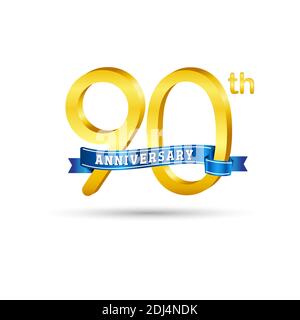 90. Goldenes Anniversary Logo mit blauem Band isoliert auf weißem Hintergrund. 3D-Gold-Anniversary-Logo Stock Vektor