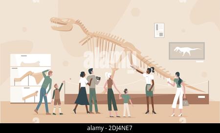 Menschen im Museum der Paläontologie Vektor Illustration. Cartoon Schule Lehrer, Schüler Charaktere Besuch Dinosaurier archäologische Ausstellung, in der Nähe von Tyrannosaurus Skelett Ausstellung Hintergrund Stock Vektor