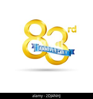 83. Goldenes Anniversary Logo mit blauem Band isoliert auf weißem Hintergrund. 3D-Gold-Anniversary-Logo Stock Vektor