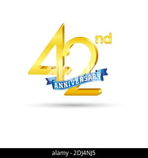 42. Goldenes Anniversary Logo mit blauem Band isoliert auf weißem Hintergrund. 3D-Gold-Anniversary-Logo Stock Vektor