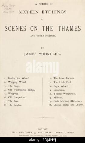 Titelseite von 'A Series of Sixteen Radings of Scenes of the Thames and other Subjects', James McNeill Whistler, 1834–1903, Amerikaner, in Großbritannien aktiv (ab 1859), 1871, Briefpresse auf Medium, leicht strukturiert, cremefarbenes Papier, Blatt: 15 × 9 1/2 Zoll (38.1 × 24.1 cm), Radierungen, Text, Titelseite, England, London, Themse, Großbritannien Stockfoto