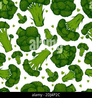 Saftiges Grün Broccoli und kleine Herzen buntes frisches Gemüse Nahtloses Muster, isoliert auf Weiß. Stock Vektor
