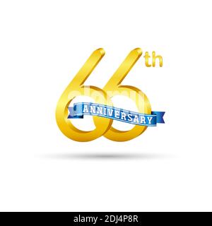 66. Goldenes Anniversary Logo mit blauem Band isoliert auf weißem Hintergrund. 3D-Gold-Anniversary-Logo Stock Vektor
