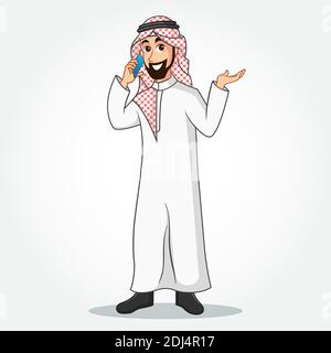 Arabisch Geschäftsmann Cartoon Charakter in traditioneller Kleidung Sprechen auf smart Telefon und gestische Hand isoliert auf weißem Hintergrund Stock Vektor