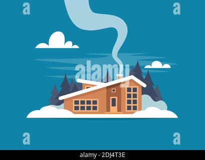 Winter Berglandschaft mit großem Haus für Touristen. Winterurlaub in den Bergen, Skigebiete, Ferienwohnungen. Vektorgrafik flach Stock Vektor