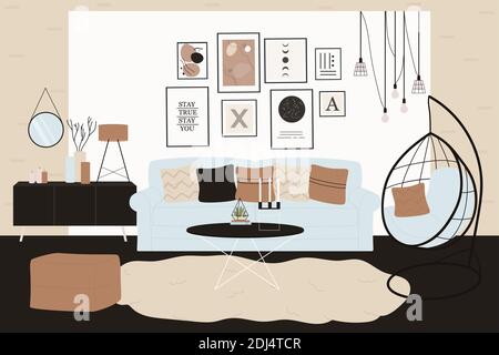 Skandinavische Raumeinrichtung Vektor-Illustration. Cartoon trendy Wohnzimmer Innenarchitektur und gemütliche Möbel mit Sofa mit Kissen, Teppich auf dem Boden, Tisch mit Dekoration Kerzen Hintergrund Stock Vektor