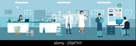 Arzt Menschen arbeiten in medizinischen Labor Vektor Illustration. Cartoon Mann Frau Sanitäter Forscher Charaktere arbeiten mit Labor-Reagenzgläser und Kolben, Wissenschaftler in der Analyse Medizin Forschung Hintergrund Stock Vektor