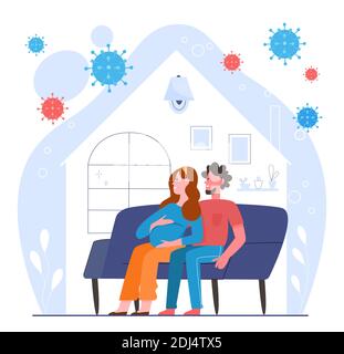 Die Menschen bleiben zu Hause, um die Gesundheit vor Coronavirus-Vektor-Illustration zu schützen. Cartoon-Paar Figur sitzt auf dem Sofa, glücklich schwangere Frau mit Mann zu Hause bleiben während covid19 Pandemie Quarantäne Stock Vektor