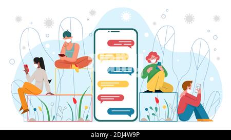 Menschen mit Masken mit Smartphones Vektor-Illustration. Cartoon großes Telefon mit Dialog-Chat-Nachrichten auf dem Bildschirm und kleine Benutzer-Charaktere chatten, tragen Gesicht medizinische Masken isoliert auf weiß Stock Vektor