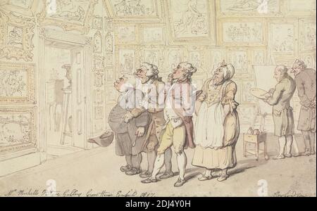 Mr. Michell's Picture Gallery, Grove House, Enfield 1817, Thomas Rowlandson, 1756–1827, British, 1817, Aquarell und Graphit mit Feder und grauer Tinte und Feder und brauner Tinte auf mittlerem, mäßig strukturiertem, cremefarbenem Wove-Papier, Blatt: 5 7/8 x 9 7/16 Zoll (14.9 x 24 cm), Künstler, Tür, Staffelei, Rahmen (Einrichtung), Galerie (Ausstellungsraum), Genre-Thema, Männer, Gemälde, Frau, Enfield, England, Europa, Groß-London, Großbritannien Stockfoto