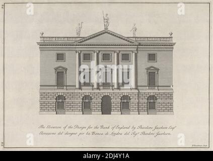 The Elevation of the Design for the Bank of England von Theodore Jacobsen Esqr., Paul Fourdrinier, französisch, nach Theodore Jacobsen, gestorben 1772, britisch, undatiert, Radierung auf mäßig dickem, leicht strukturiertem, cremefarbenen Papier, Blatt: 10 7/8 x 16 1/4 Zoll (27.6 x 41.3 cm), Platte: 9 3/4 x 13 11/16 Zoll (24.7 x 34.7 cm), und Bild: 9 7/16 x 13 3/8 Zoll (24 x 34 cm), Bögen, Architekturzeichnung, Architekturmotiv, Bank, Säulen, Design, Höhe (Zeichnung), Maße, Neoklassik, Giebel, Plan (Zeichnung), Statuen, Fenster, City of London, England, Europa, Greater London, United Stockfoto