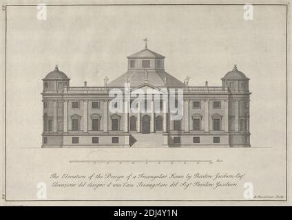 The Elevation of the Design of a Triangle House by Theodore Jacobsen Esqr., Paul Fourdrinier, French, after Theodore Jacobsen, gest. 1772, britisch, undatiert, Radierung auf mäßig dickem, leicht strukturiertem, cremefarbenen Papier, Blatt: 10 7/8 x 16 3/16 Zoll (27.6 x 41.1 cm), Platte: 9 11/16 x 13 5/8 Zoll (24.6 x 34.6 cm), und Bild: 9 1/4 x 13 5/16 Zoll (23.5 x 33.8 cm), Bögen, Architekturzeichnung, architektonisches Thema, Säulen, Kuppel, Design, Höhe (Zeichnung), Haus, Maße, Neo-Klassik, Giebel, Plan (Zeichnung), Reliefs, Maßstab (Regel), Statuen, dreieckig, Fenster Stockfoto