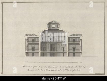 Die Sektion des Entwurfs eines dreieckigen Hauses von Theodore Jacobsen Esqr., Paul Fourdrinier, französisch, nach Theodore Jacobsen, gestorben 1772, britisch, undatiert, Radierung auf mäßig dickem, leicht strukturiertem, cremefarbenen Papier, Blatt: 10 7/8 x 16 1/4 Zoll (27.7 x 41.2 cm), Platte: 9 11/16 x 13 9/16 Zoll (24.6 x 34.4 cm), und Bild: 9 5/16 x 13 1/8 Zoll (23.7 x 33.3 cm), Bögen, Architekturzeichnung, architektonisches Thema, Säulen, Querschnitt, Kuppel, Design, Höhe (Zeichnung), Haus, Maße, Neoklassik, Giebel, Plan (Zeichnung), Reliefs, Maßstab (Regel), Statuen, dreieckig, Fenster Stockfoto