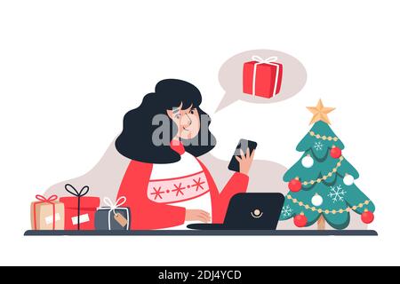 Neujahr und Weihnachten Online-Shopping von zu Hause aus. Frau kauft Geschenke in einem Online-Shop, Vektor-Illustration in flachen Stil Stock Vektor