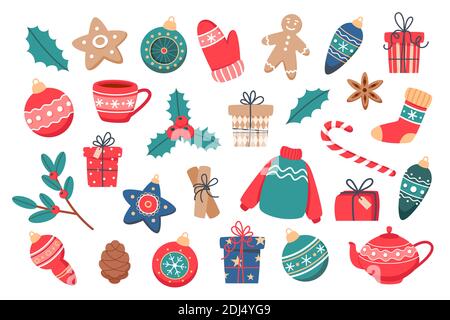 Weihnachten Set von niedlichen Elementen, Vektor-Illustration in flachem Stil Stock Vektor