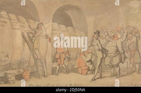 Änderungen im Ale Cellar at Bullstrode, Thomas Rowlandson, 1756–1827, britisch, undatiert, Aquarell mit Feder und rotbrauner Tinte, über Graphit auf mäßig dick, mäßig strukturiert, cremefarben, webtes Papier, Blatt: 5 3/4 x 9 1/4 inches (14.6 x 23.5 cm), Änderungen, Torbögen, Fässer (Behälter), Keller, Genremotiv, Krug, Leiter, Männer Stockfoto