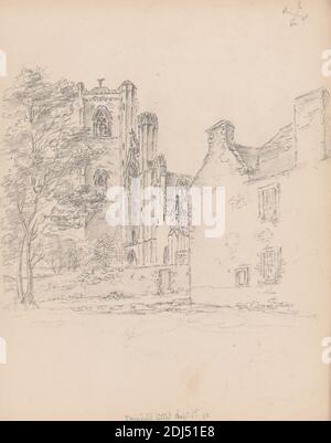 Dunkeld Cathedral, Scotland, James Moore, 1762–1799, British, 1792, Graphit auf Medium, leicht strukturiert, beige, webtes Papier, Blatt: 9 × 7 1/16 Zoll (22.9 × 17.9 cm Stockfoto