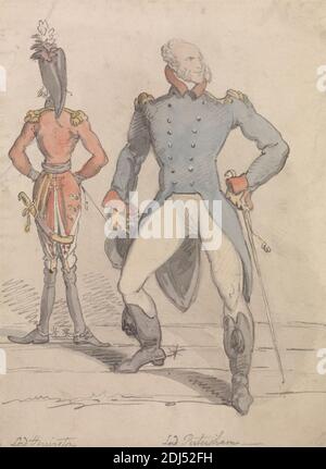 Lord Harrington und Lord Petersham, Thomas Rowlandson, 1756–1827, britisch, undatiert, Aquarell mit Feder und grau-rotbrauner Tinte, über Graphit; rückseitig: Graphitschattierung auf Medium, leicht strukturiert, biege, Wobentpapier, Blatt: 8 9/16 x 6 1/4 Zoll (21.7 x 15.9 cm), Stiefel, Karikatur, Hüte, Jacken, Männer, Militärkunst, Militärkostüm, Porträt, Satire, Sporen, Kelle, Schwerter, Uniformen, Militär Stockfoto