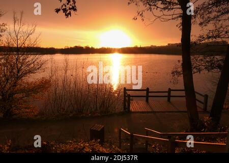 Toller Sonnenaufgang oder Sonnenuntergang über einem See. Silhouette eines Baumes ohne Blatt und Holzponton vor dem Wasser. Stockfoto