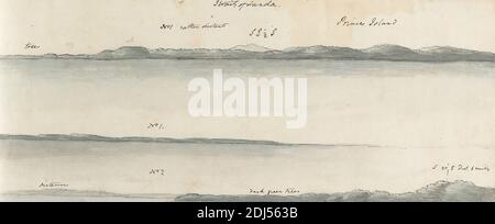 Straits of Sunda, Henry William Parish, Active 1792, 1793, Aquarell und Stift und schwarze Tinte auf Medium, leicht strukturiert, cremefarbenes Papier, Blatt: 4 1/8 × 10 7/16 Zoll (10.5 × 26.5 cm Stockfoto