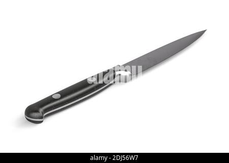 Edelstahl-Gebrauchsmesser mit schwarzem Kunststoffgriff auf weiß Hintergrund - 3D-Rendering Stockfoto