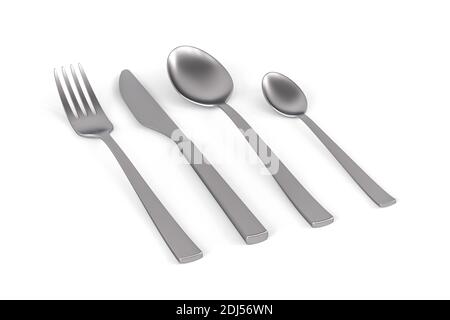 Edelstahl Besteck-Set - Gabel, Messer, Löffel und Teelöffel isoliert auf weißem Hintergrund - 3d Render Stockfoto