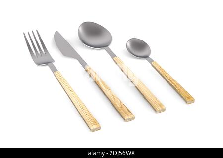 Edelstahl Besteck-Set mit Holzgriffen - Gabel, Messer, Löffel und Teelöffel isoliert auf weißem Hintergrund - 3D Render Stockfoto