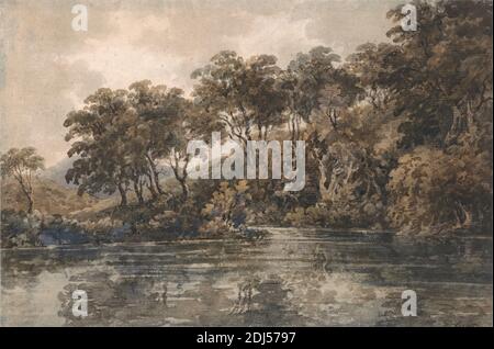 Trees and Pond near Bromley, Kent, Thomas Girtin, 1775–1802, British, ca. 1798, Aquarell und Gouache über Graphit; rückseitig: Graphit auf mäßig dick, mäßig strukturiert, beige, getupftes Papier, Blatt: 8 3/16 x 12 5/16 Zoll (20.8 x 31.3 cm), Landschaft, Teich, Spiegelung, Himmel, Bäume, Bromley, England, Europa, Kent, Vereinigtes Königreich Stockfoto