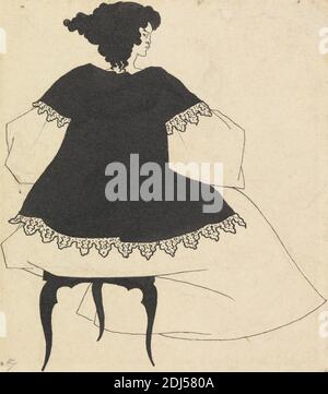 Salome on Settle, The Conductor, Aubrey Vincent Beardsley, 1872–1898, britisch, zwischen 1892 und 1898, Stift und Tinte und Pinsel über Graphit auf mittelschwerem, leicht strukturiertem, cremefarbenem Papier, Blatt: 5 x 4 3/8 cm (12.7 x 11.1 cm) und Halterung: 12 1/4 × 11 1/8 Zoll (31.1 × 28.3 cm), Stuhl, Porträt, Profil, Frau Stockfoto