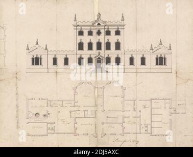 Moody Hall: Front Elevation and Principal Floor Plan, zugeschrieben Batty Langley, 1696–1751, britisch, undatiert, Graphite, Feder und braune Tinte, Stift und schwarze Tinte, Stift und graue Tinte, Aquarell, und Grauwäsche auf mittlerer, mäßig strukturierter, cremefarbener Papierbalkenskala von 1/10 Zoll bis 1 Fuß, Blatt: 12 1/2 x 16 1/2 Zoll (31.8 x 41,9 cm), architektonisches Motiv, Landhäuser, Grundrisse, Gotisches Revival Stockfoto