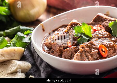 Schüssel Wiener Gulasch mit Chilis und Knödel. Stockfoto