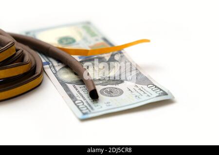 Klebedichtung für Wärmeeinsparungen und 100 US-Dollar, Nahaufnahme, Wärmeeinsparung, Stockfoto