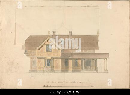 The Miller's Cottage at Chatsworth, Derbyshire: Front Elevation with Alternative Roof Design, Studio of Sir Jeffry Wyatville, 1766–1840, britisch, nach 1818, Aquarell, Stift und schwarze Tinte, Graphit auf leicht strukturiertem, mittlerem, cremefarbenem Papierstab von 1/4 Zoll bis 1 Fuß, Blatt: 14 9/16 × 20 7/8 Zoll (37 × 53 cm), architektonisches Motiv Stockfoto